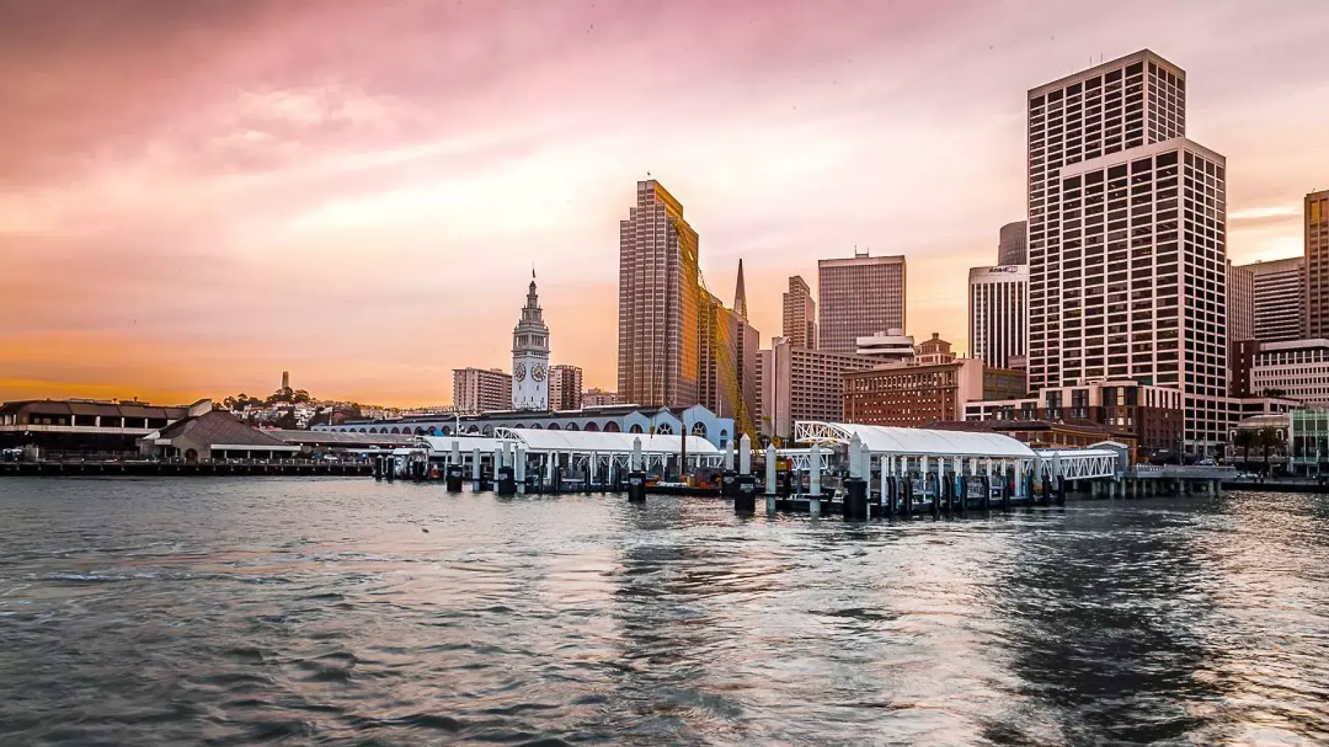 The Ferry Building at Sunset from the bay.